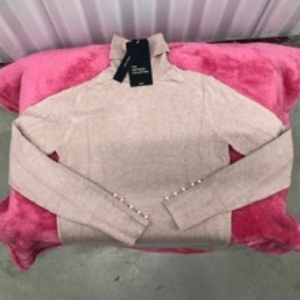 NWT ZARA Turtleneck Pink Knit Sweater Tunic w Pearls, M